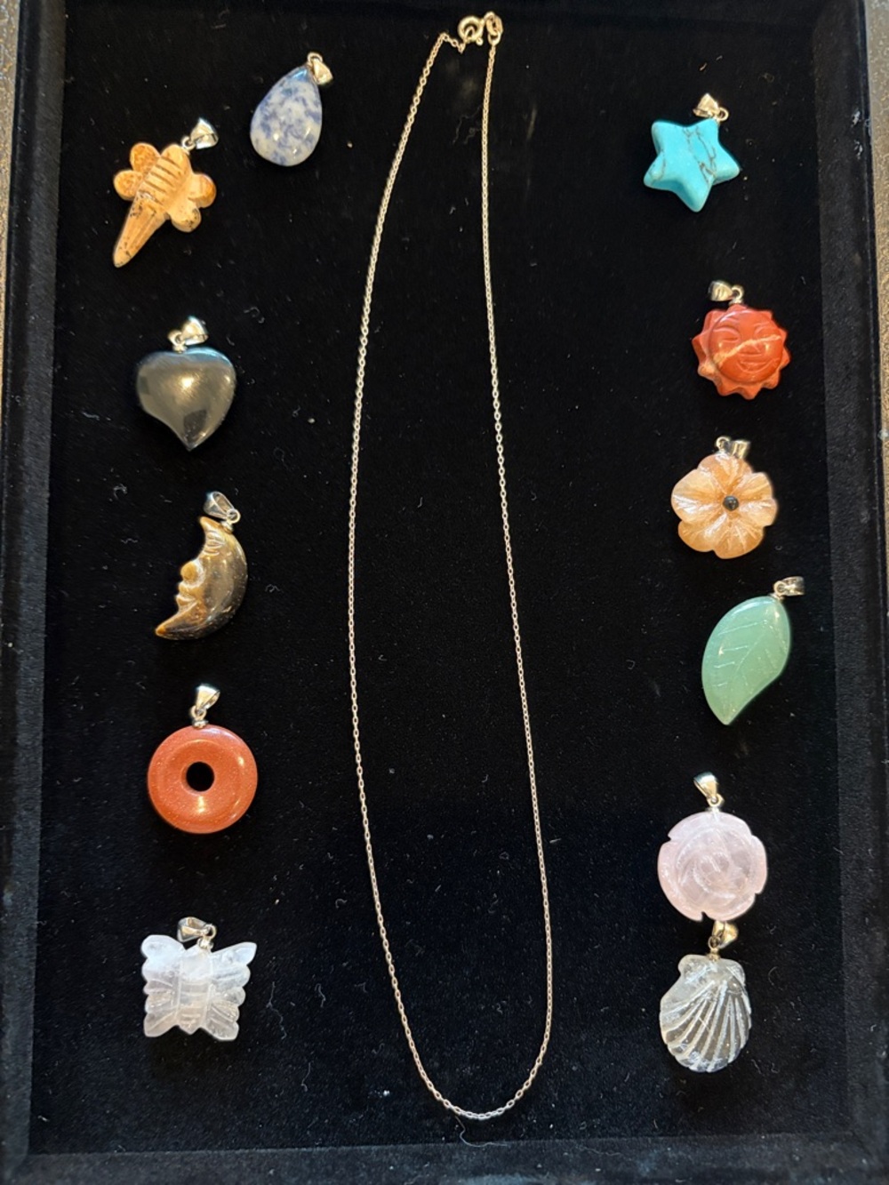 12pc Stone Pendant Set 925 Sterling Chain 18” w Box Vintage